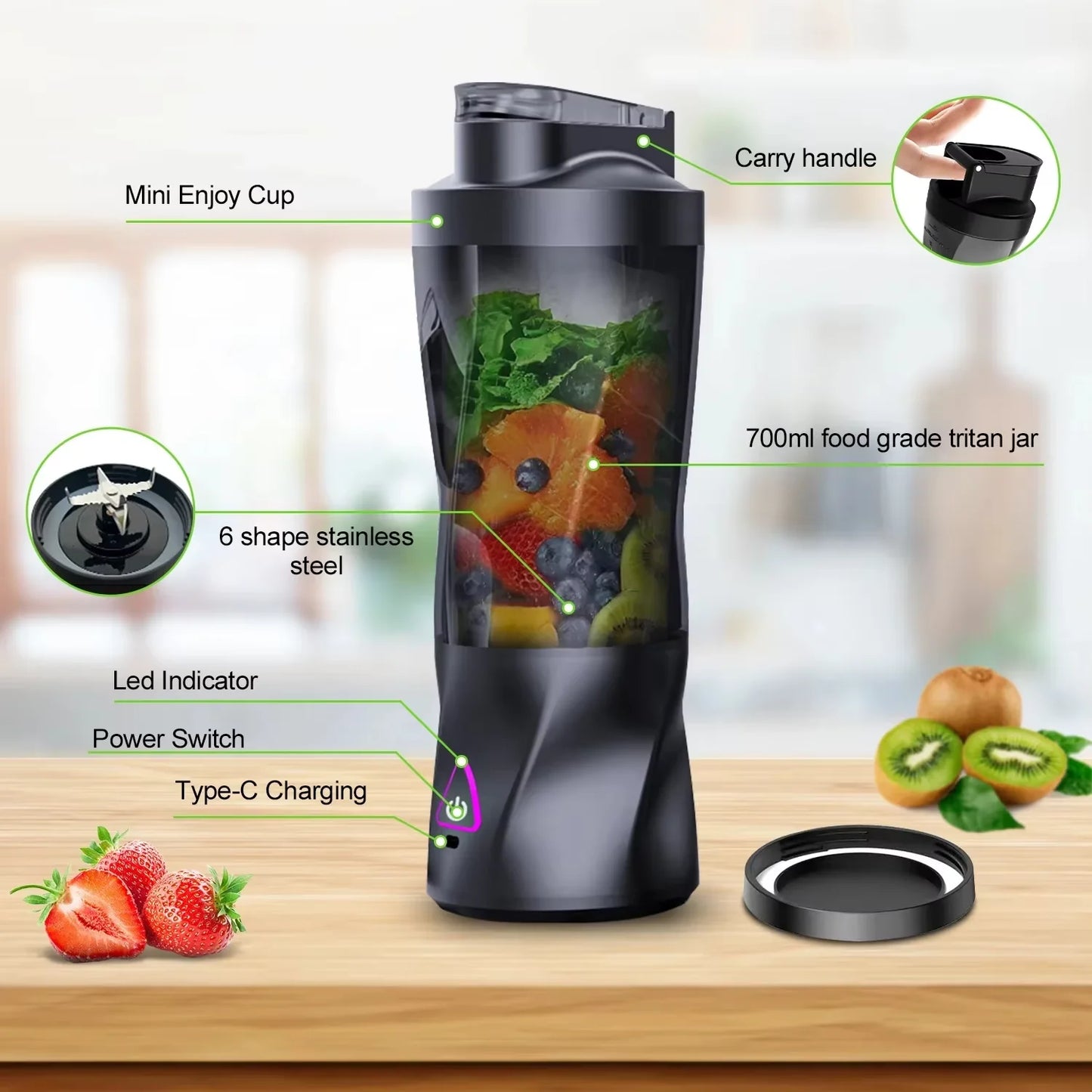 Portable Fruit Mixer 700ML – USB Rechargeable Blender